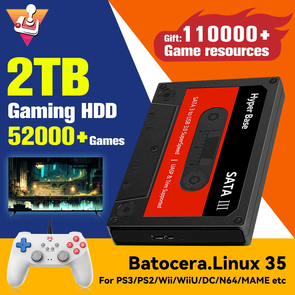 Batocera.Linux 35 2TB Gaming HDD Portable Game Hard Drive with 52000+ Games for PS3/PS2/Wii/WiiU/N64/MAME/SS, Compatible with PC