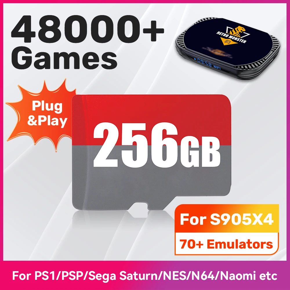 TF Game Card for S905X4 Chip Retro Monster Game Console/TV Box with 48000+Retro Games & 70+Emulators for PSP/PS1/NDS/N64/SS/MAME