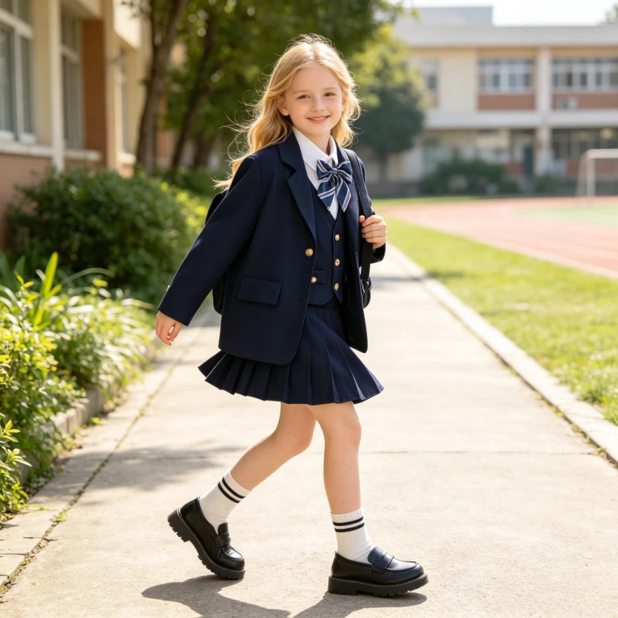 Teen Girls School Uniform Set Navy Blazer Vest White Shirt Pleated Skirt Bow Tie Socks Kids British Preppy Formal Outfit 4-15Y