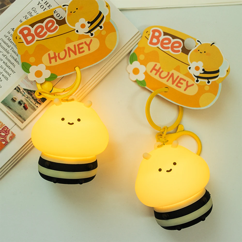 Mini Bee Keychain Night Light Anime Figure Toy Cartoon Gift for Kids Bag Decoration Portable Keyring Night Lights Birthday Gifts