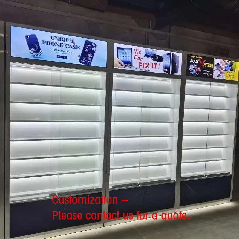 custom.Custom Cellphone Repair Shop Decoration Modern Mobile Phone Display Shelves LED Lighting Slat Wall Display High Quality