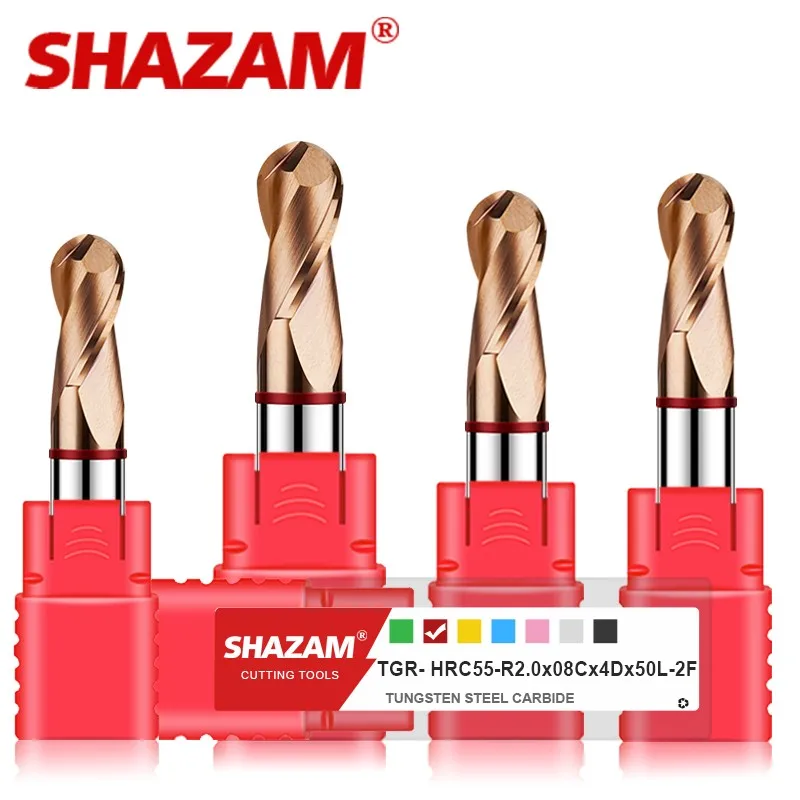 SHAZAM TGR-HRC55 2F Color Circle Ball Nose End Mill Carbide Steel Milling Cutter For CNC Machining Endmills Tools