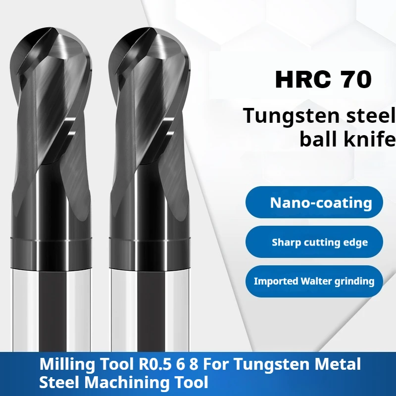 HRC66 HRC70 Ball End Mill Tungsten Carbide Cutter CNC Router Bit Milling Tool R0.5 6 8 For Tungsten Metal Steel Machining Tool