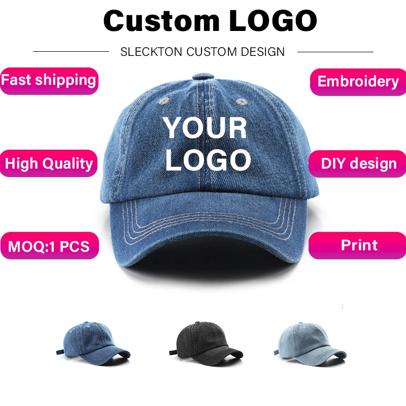 SLECKTON Custom Hat Logo Embroidery Baseball Cap for Men and Women DIY Brand Design Print Summer Denim Sun Hats Wholesale Unisex