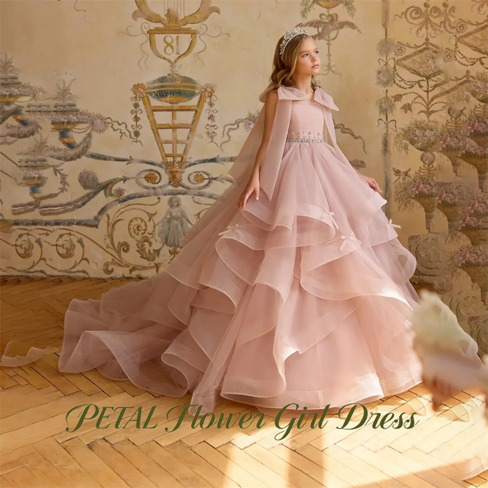Petal Mist Pink First Communion Gown Square Neck Girls Princess Dress Mini Bow Ornaments Sash Evening Party Dress for Girls