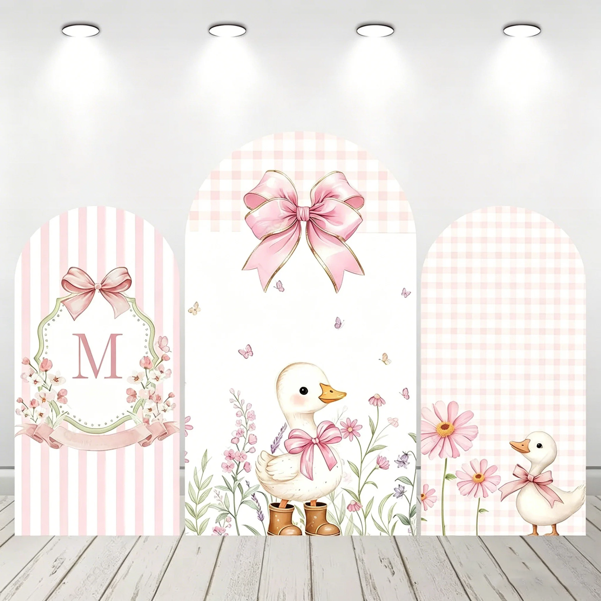 LS Custom 2-Sided One Silly Goose Pink Bow Grids Kids Birthday Party Baby Shower Cover Arch Background Decor Backdrop