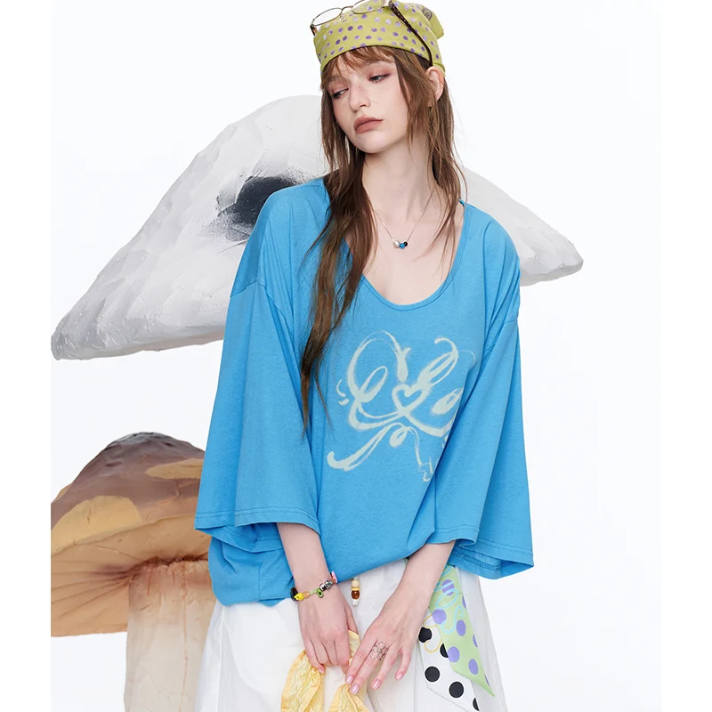 ELFSACK Oversized Half-Sleeve T-Shirt, Graffiti Heart Print Casual Loose Tee, Streetwear Y2K Top