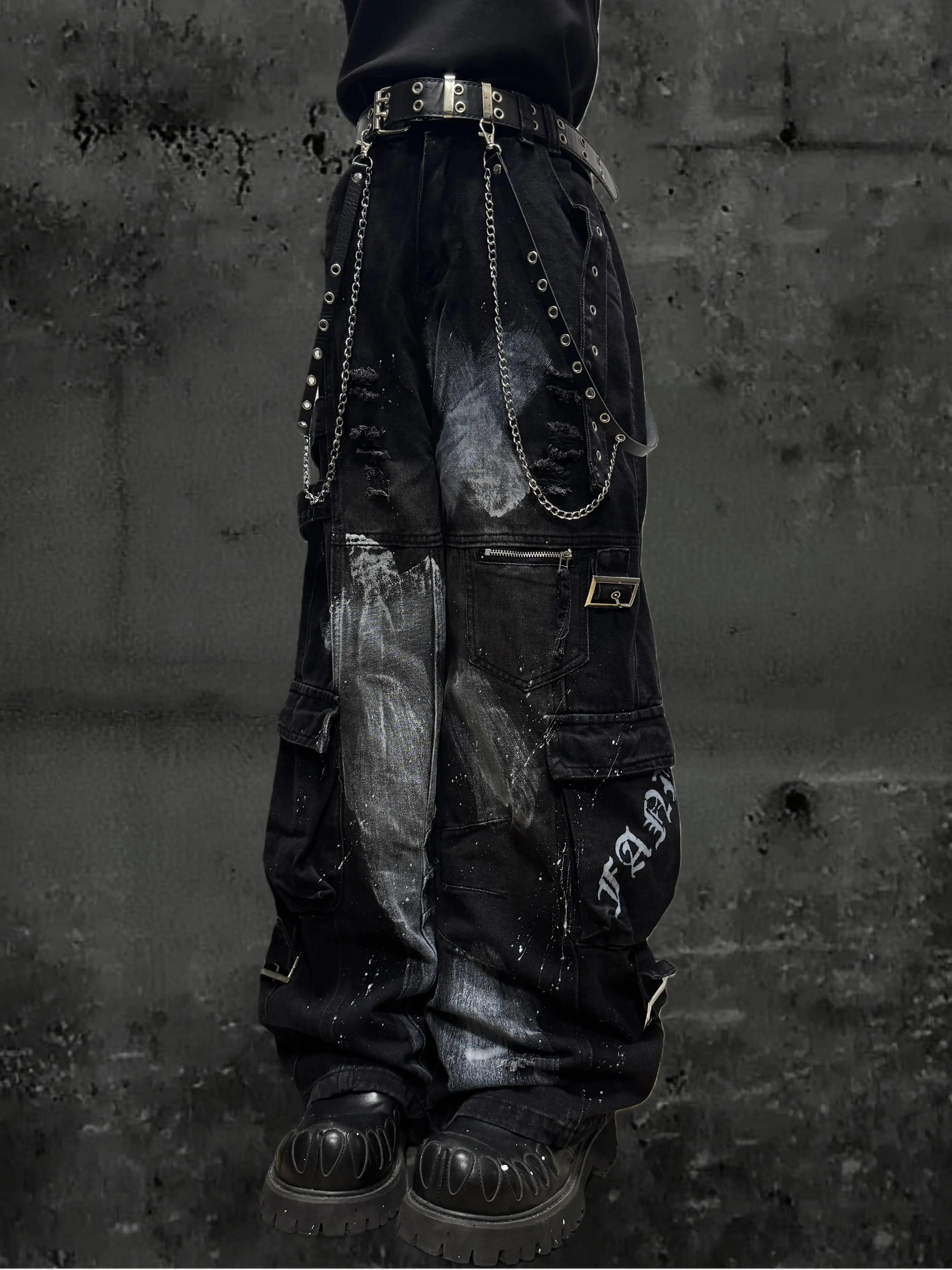 Gothick Punk Jeans For Unisex 2026 Rock Graffiti Cargo Jeans For Women Men Punk Splash Ink Wide Leg Pant Distressed Multi Pocket