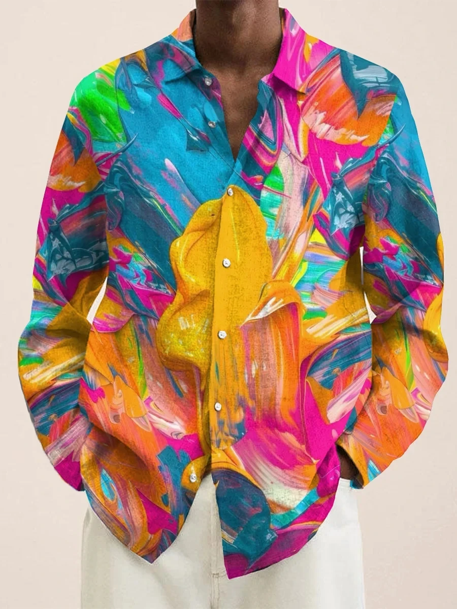 Men's Fashion Spring/Summer Graffiti Style Long Sleeve Linen Shirt Color blocked Casual Street Trendy Dressing