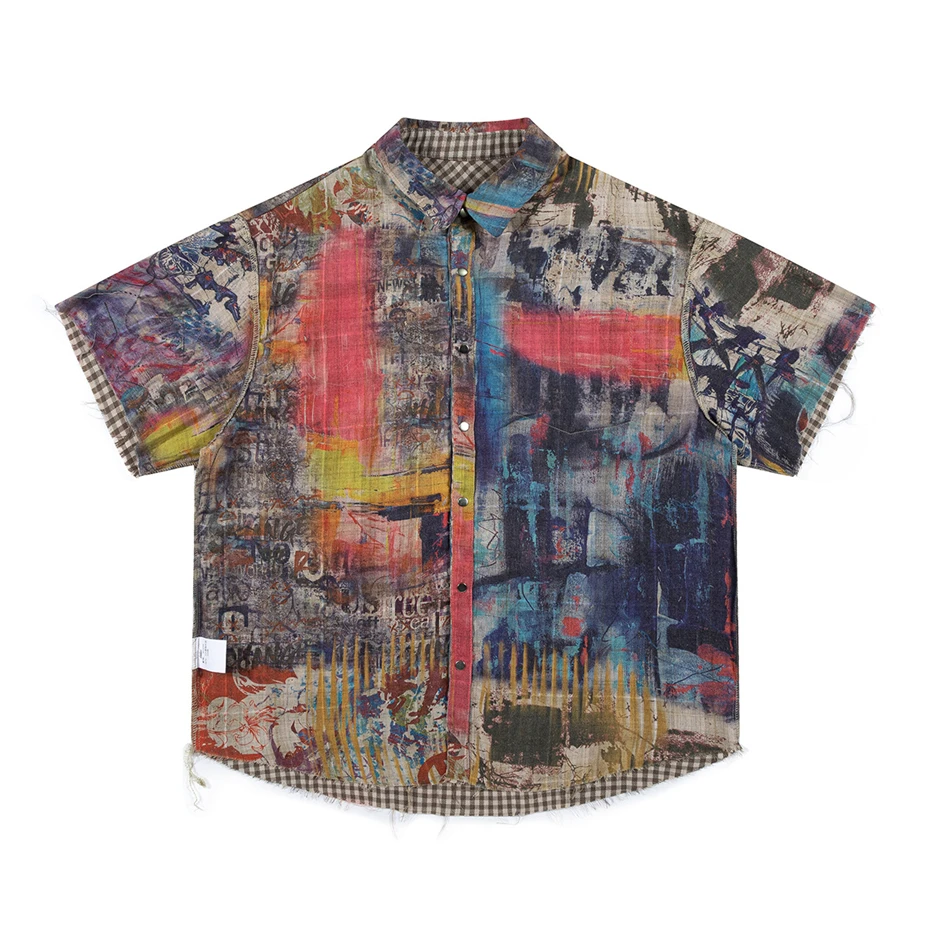 Vintage Graffiti Plaid Shirts Mens Double-faced Short Sleeve Shirt for Men Streetwear Hip Hop Punk Loose Casual Blouse Male