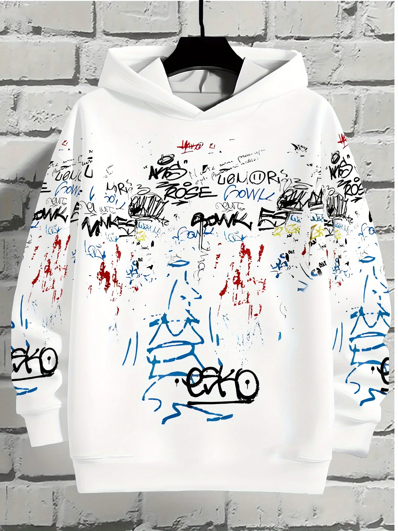Men’s Graffiti Print Hoodie Street Art Sketch Pullover Casual Urban Streetwear Spring and Autumn Fashion Outdoor Thin Top