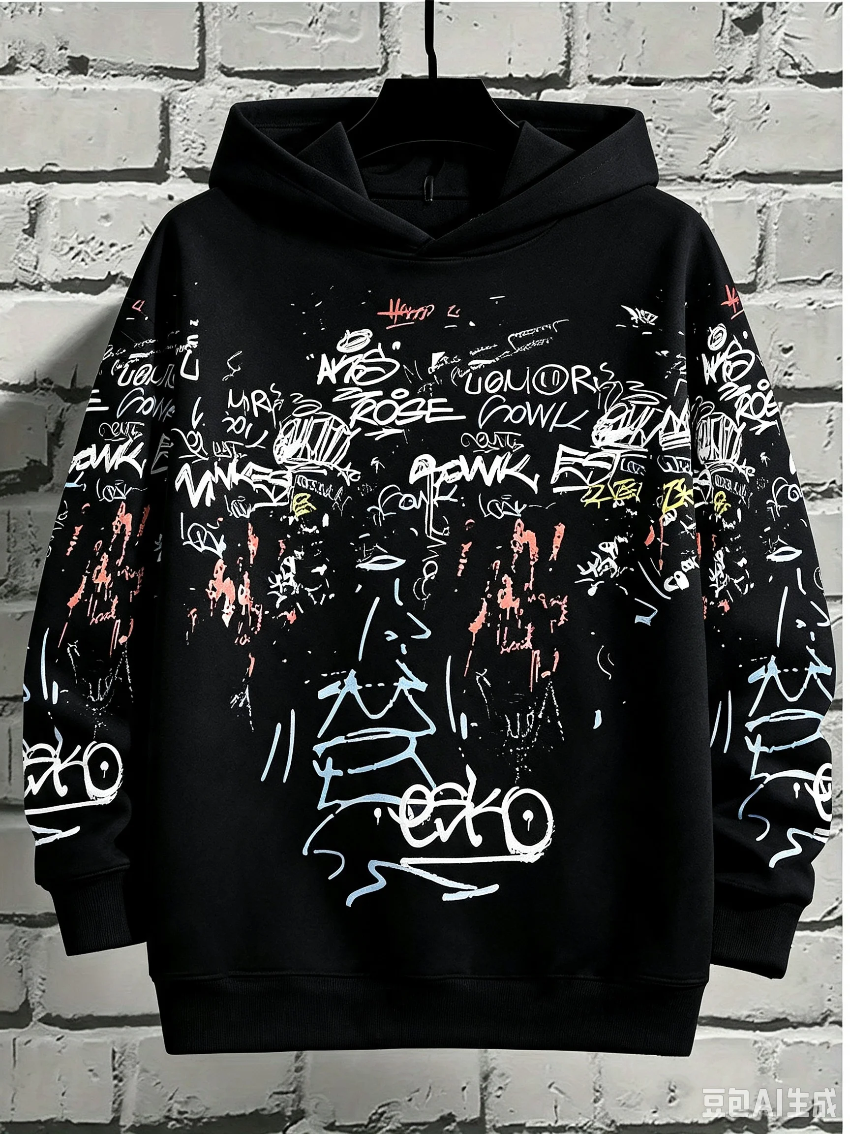 Men’s Graffiti Print Hoodie Street Art Sketch Pullover Casual Urban Streetwear Spring and Autumn Fashion Outdoor Thin Top
