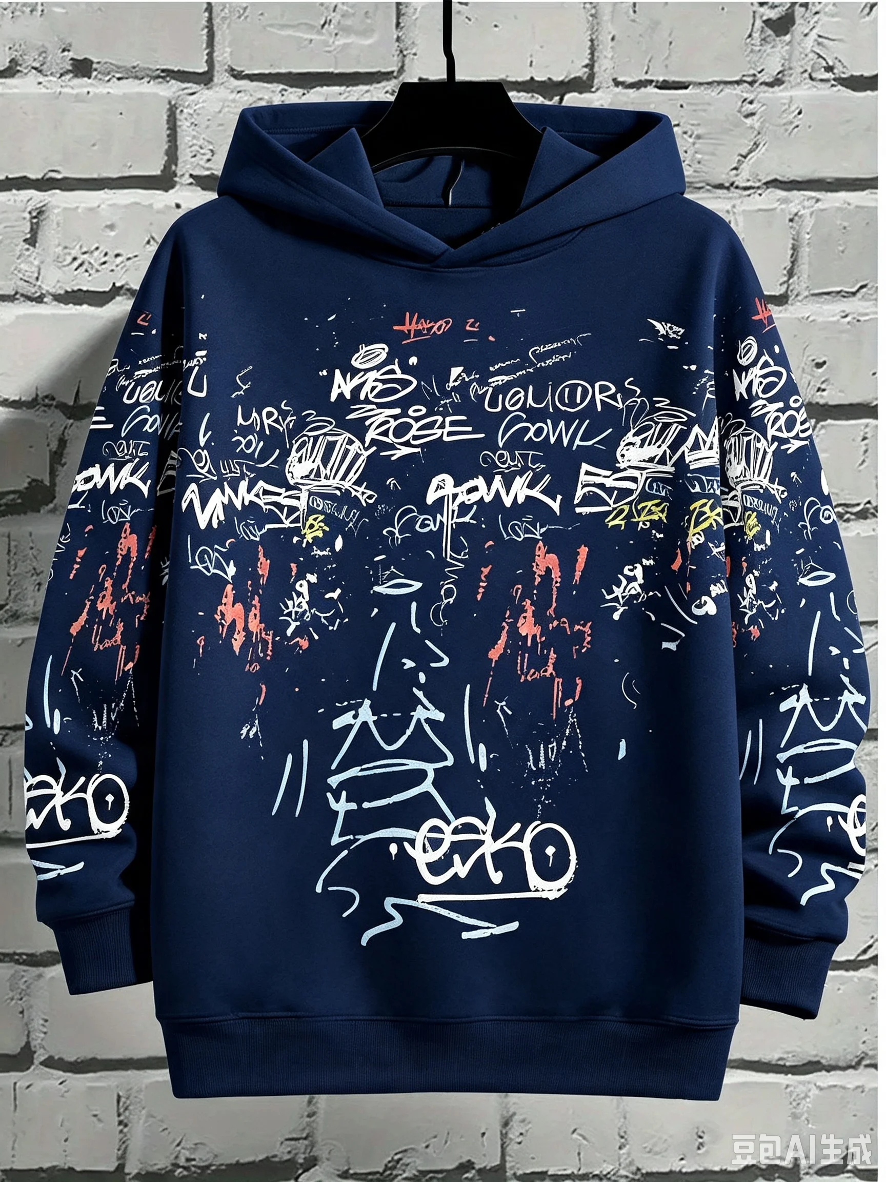 Men’s Graffiti Print Hoodie Street Art Sketch Pullover Casual Urban Streetwear Spring and Autumn Fashion Outdoor Thin Top
