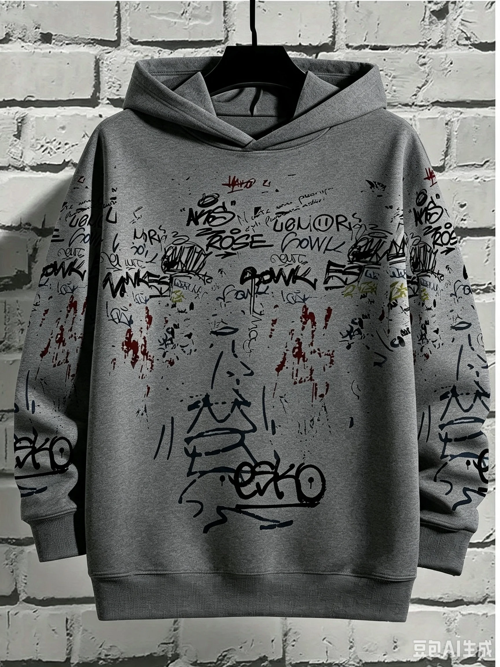 Men’s Graffiti Print Hoodie Street Art Sketch Pullover Casual Urban Streetwear Spring and Autumn Fashion Outdoor Thin Top