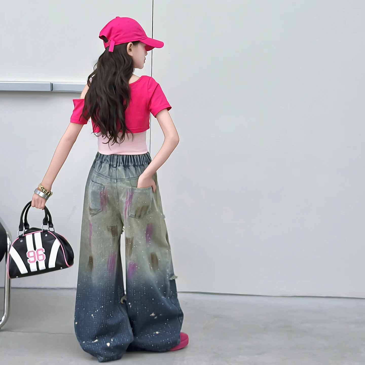 Girls' American-style Vintage Hip hop Ripped Graffiti Denim Pants Girl Summer Streetwear Trendy Tie-Design Loose Wide-leg Jeans