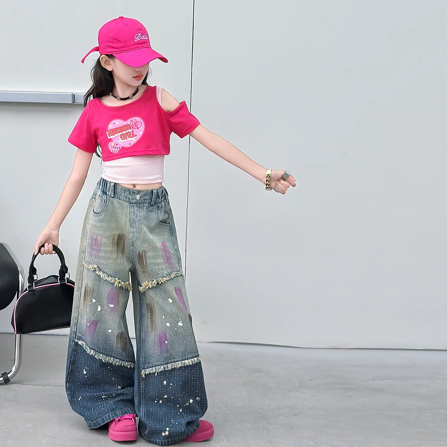 Girls' American-style Vintage Hip hop Ripped Graffiti Denim Pants Girl Summer Streetwear Trendy Tie-Design Loose Wide-leg Jeans
