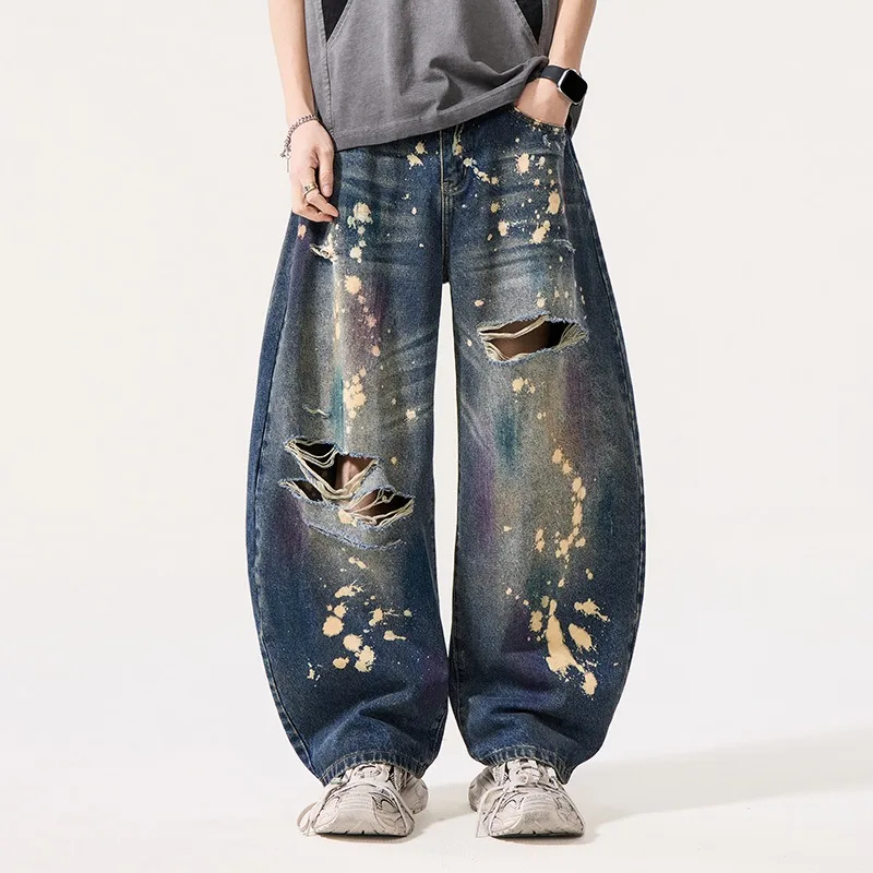 American Style Graffiti Distressed Men's Vintage Baggy Jeans High Street Trendy Hole Wide Leg Scimitar Denim Pants Streetwear