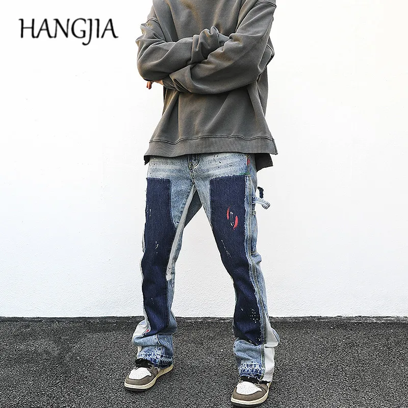 Distressed Splash Ink Flare Jeans Urban Streetwear Patch Mens Graffiti Wide Jean Hip Hop Washed Blue Slim Fit Denim Pants Men
