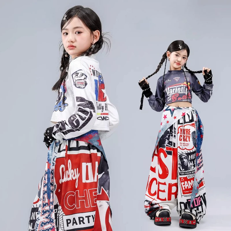 Girls Cool K-pop Long Sleeve Top Graffiti Joggers Pants Outfit Hip Hop Street Dance Clothes Sets Group Jazz Streetwear Costumes