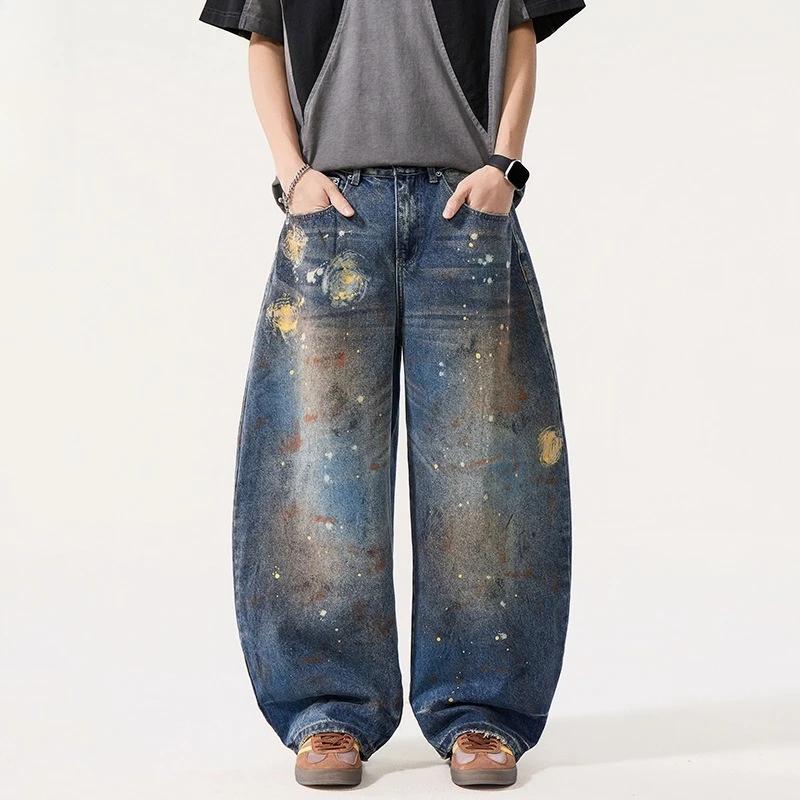 American Style Ink Splash Graffiti Men's Jeans High Street Oversize Denim Pants Baggy Washed Vintage Trousers Y2k Streetwear