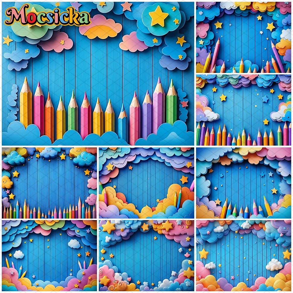 Mocsicka Blue Wood Board Backgrounds Photography Children Student Happy Birthday Backdrops Colorful Pen Cloud Stars Decor Banner