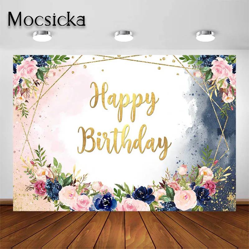 Mocsicka Happy Birthday Party Decorations Pink Deep Blue Watercolor Floral Backdrop Photography Background Cake Table Banners