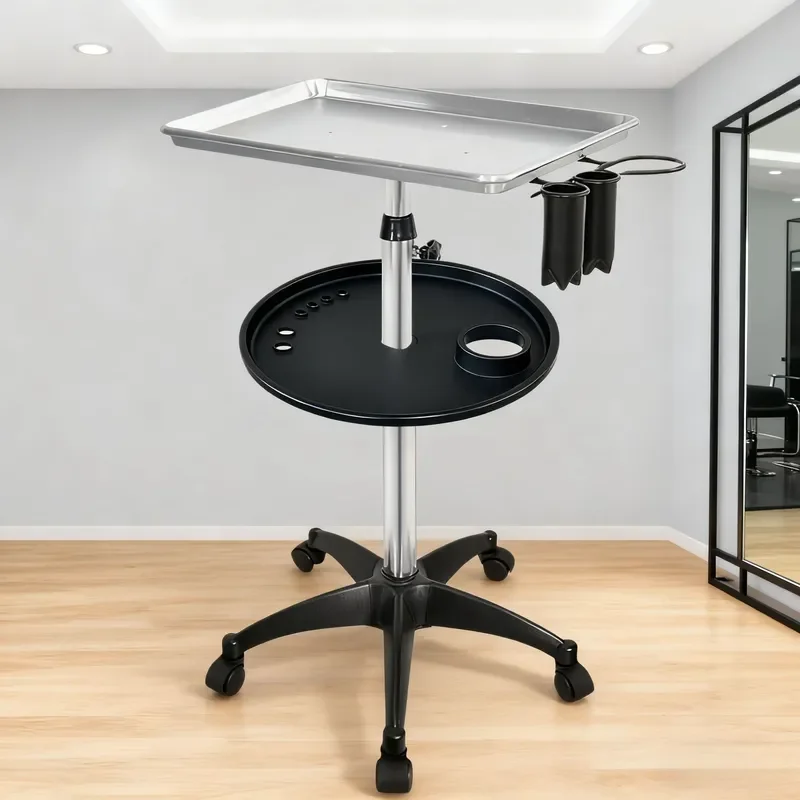 Adjustable Mobile Hair Salon Cart with Double Tray Storage Rack for Barber Shop Home Beauty Tool Organizer Trolley