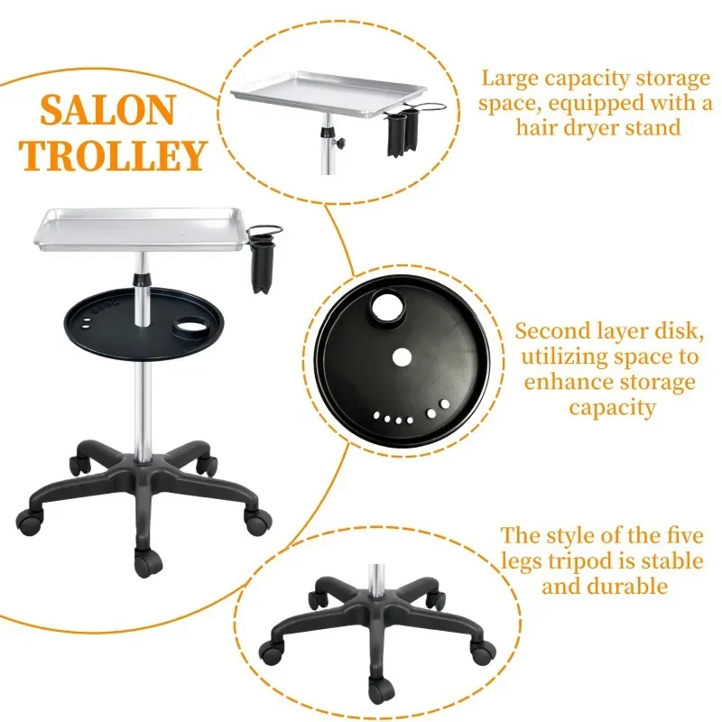 Adjustable Mobile Hair Salon Cart with Double Tray Storage Rack for Barber Shop Home Beauty Tool Organizer Trolley
