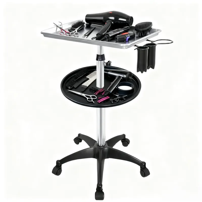 Adjustable Mobile Hair Salon Cart with Double Tray Storage Rack for Barber Shop Home Beauty Tool Organizer Trolley