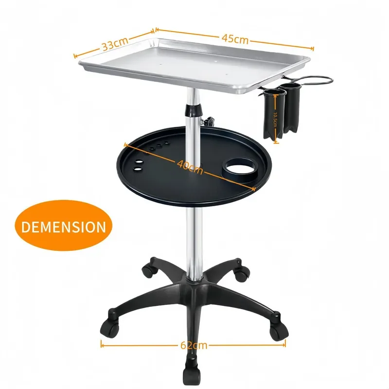 Adjustable Mobile Hair Salon Cart with Double Tray Storage Rack for Barber Shop Home Beauty Tool Organizer Trolley