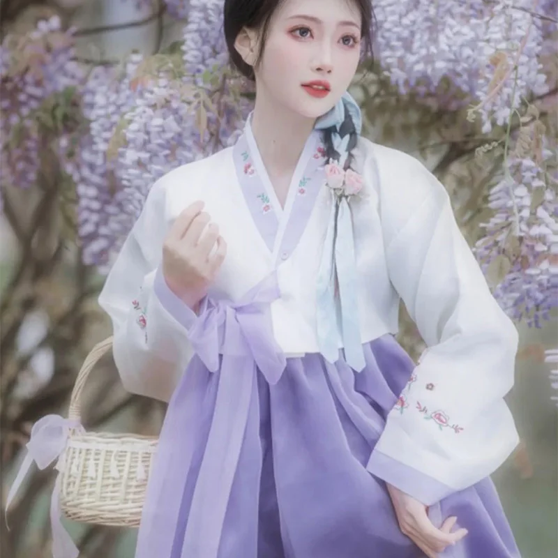 Hanbok dress Women Violet Embroidered Korean Costume Female Korean Palace Photography Travel Hanbok Dance Performance Costume