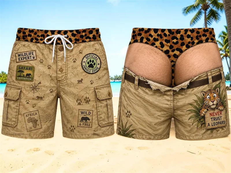 Mens Safari Cargo Swim Shorts Leopard Print Funny 3D Printed  Beach Trunks Drawstring Quick Dry Board Shorts For Summer Vacation