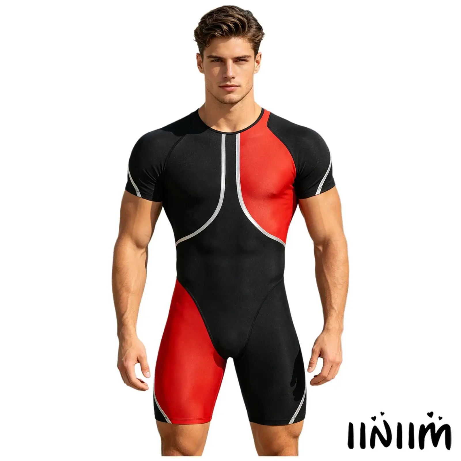 Men Thigh Length Swim Jumpsuit Short Sleeve Back Zipper Metallic Trim Color Block One Piece Bodysuit Swimwear