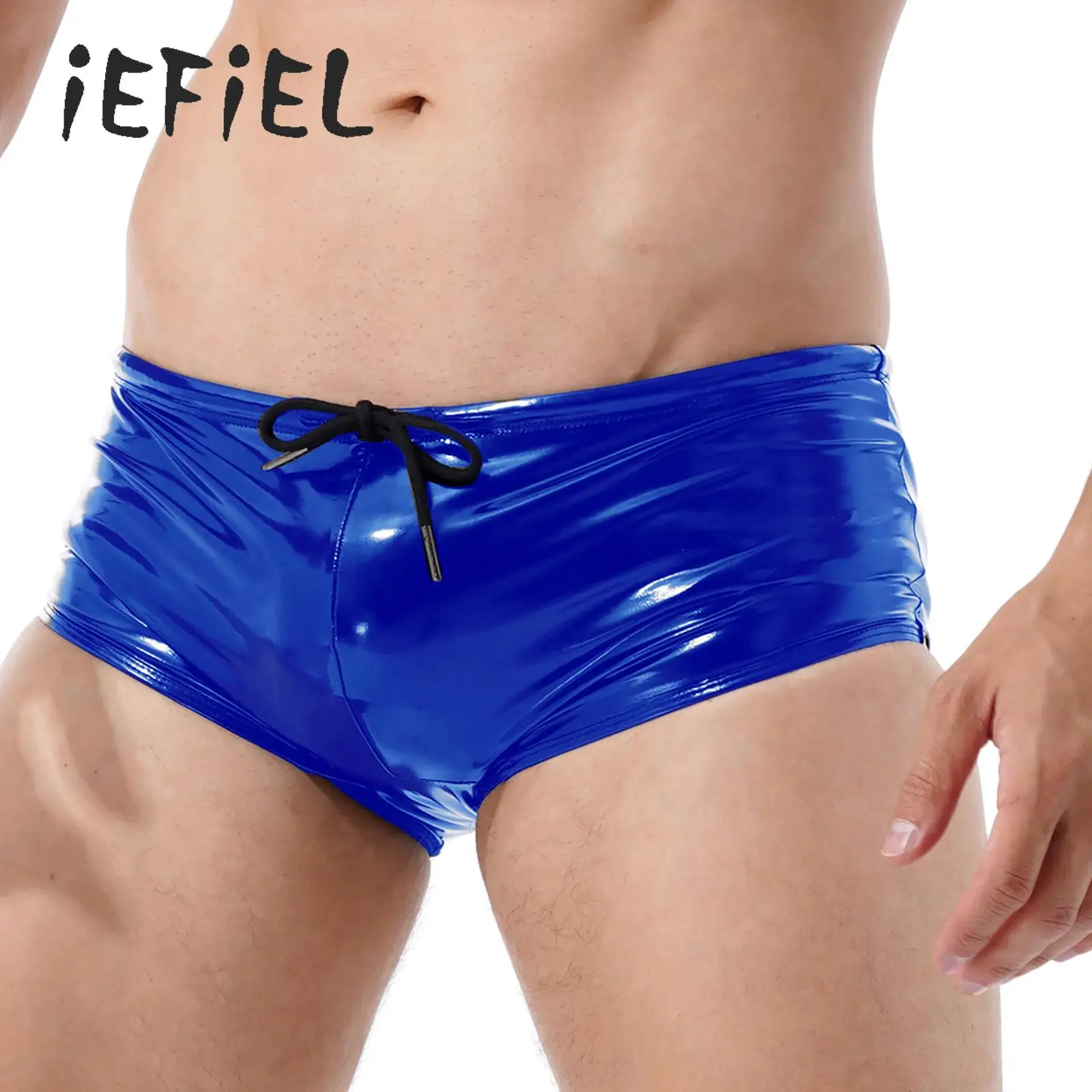 Mens Wet Look Patent Leather Swimming Trunks Latex Low Rise Drawstring Boxer Shorts Swimwear Party Pool Rave Swim Bottoms