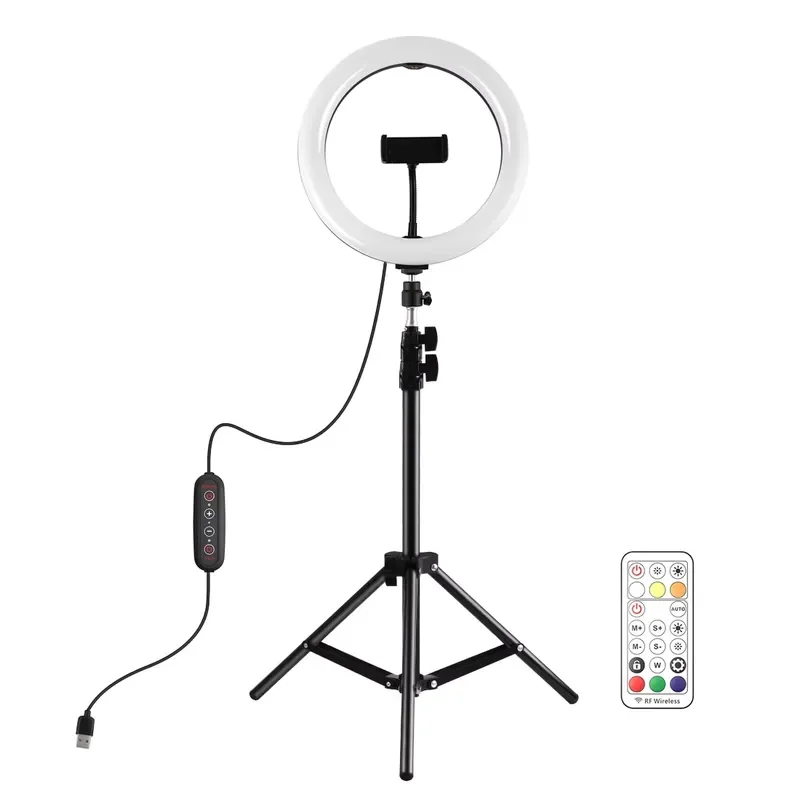 26cm RGB LED Ring Light with 1.1m Tripod Stand Dimmable Selfie Fill Lamp for TikTok Video Portable Phone Holder Beauty