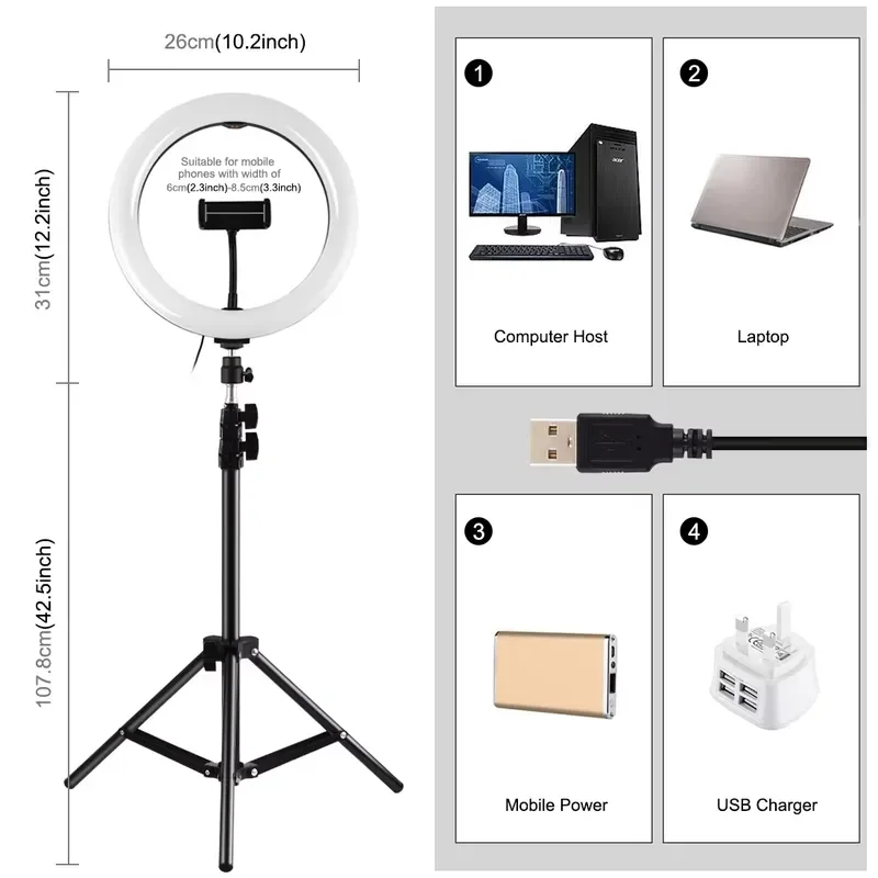26cm RGB LED Ring Light with 1.1m Tripod Stand Dimmable Selfie Fill Lamp for TikTok Video Portable Phone Holder Beauty