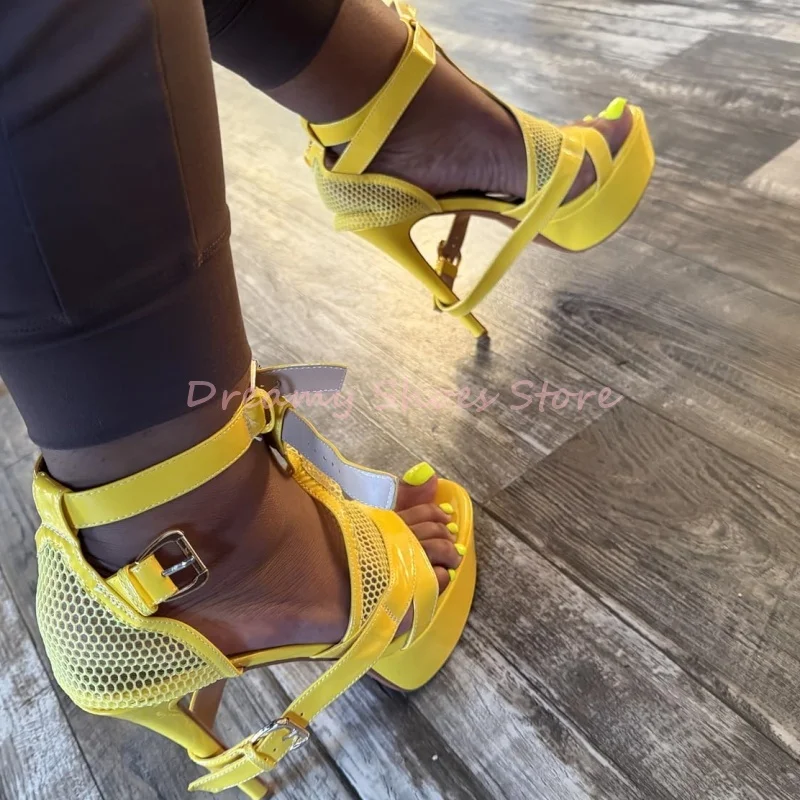 White Mesh Belt Buckle Peep Toe Platform Sandals Women Solid Patent Leather Cover Heel High Heels Street Style Summer Shoes New