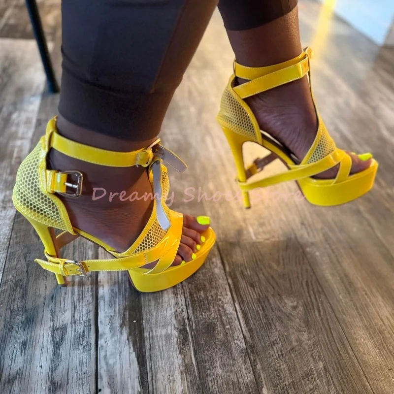 White Mesh Belt Buckle Peep Toe Platform Sandals Women Solid Patent Leather Cover Heel High Heels Street Style Summer Shoes New