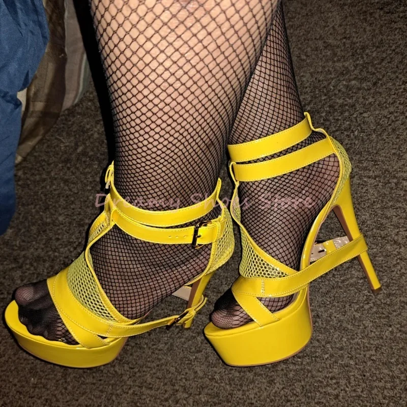 White Mesh Belt Buckle Peep Toe Platform Sandals Women Solid Patent Leather Cover Heel High Heels Street Style Summer Shoes New