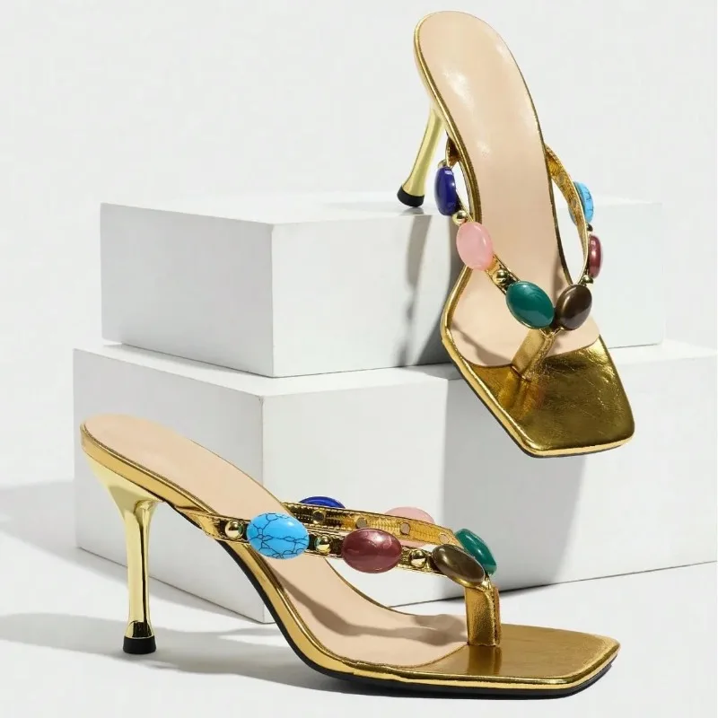 Women's Slippers Summer Fashion Bohemian Ladies Flip-flops Gemstone Decorated Strap High-heeled Sandals for Women Party Shoes