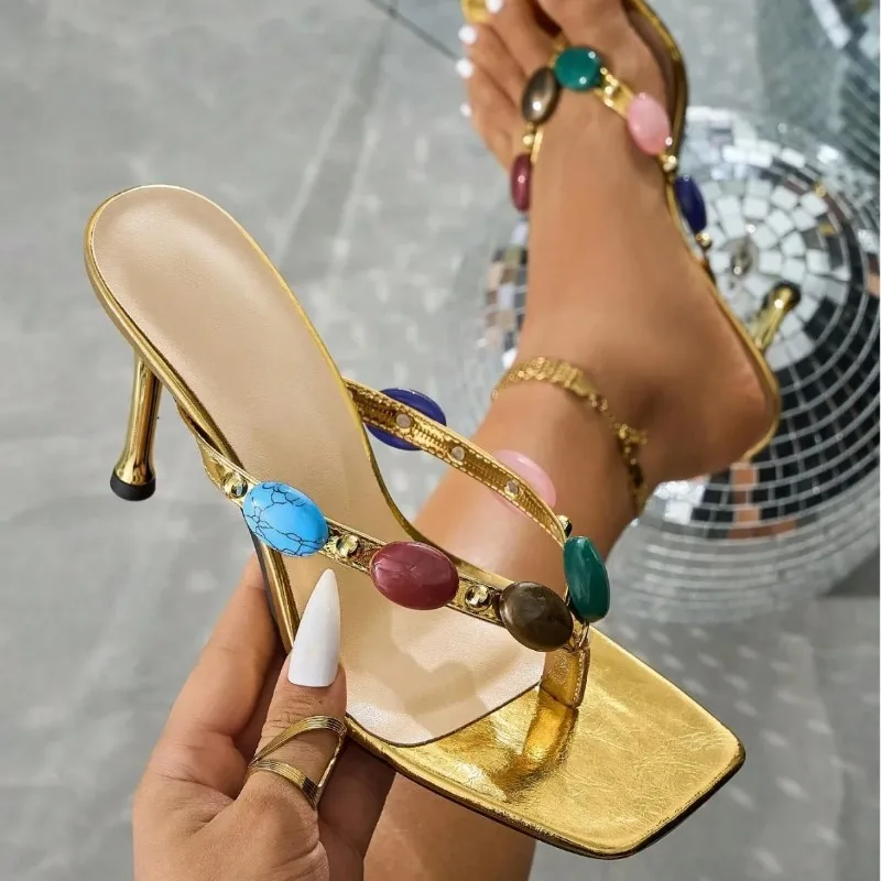 Women's Slippers Summer Fashion Bohemian Ladies Flip-flops Gemstone Decorated Strap High-heeled Sandals for Women Party Shoes