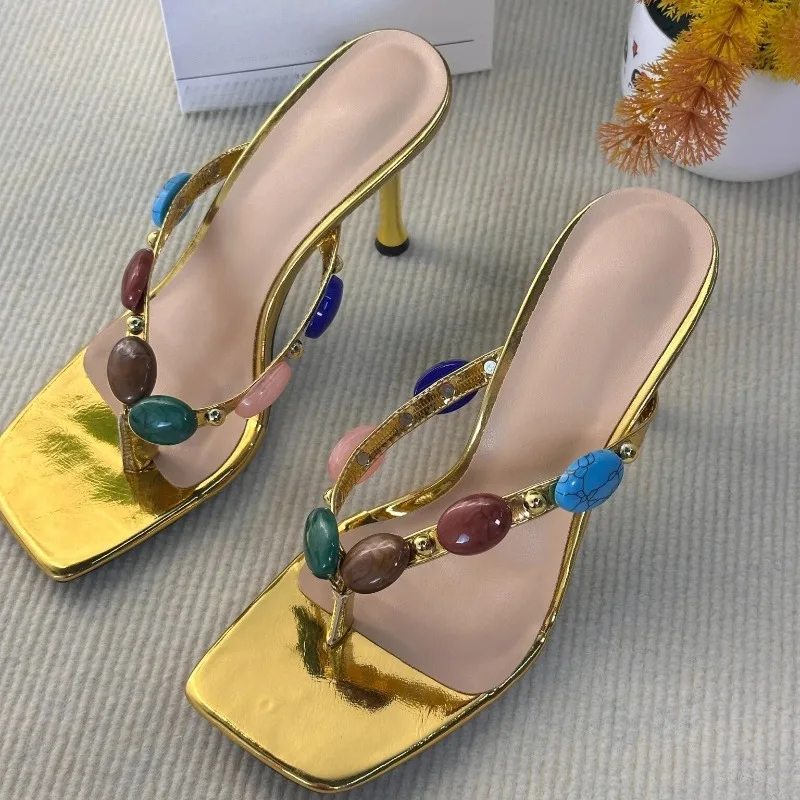 Women's Slippers Summer Fashion Bohemian Ladies Flip-flops Gemstone Decorated Strap High-heeled Sandals for Women Party Shoes