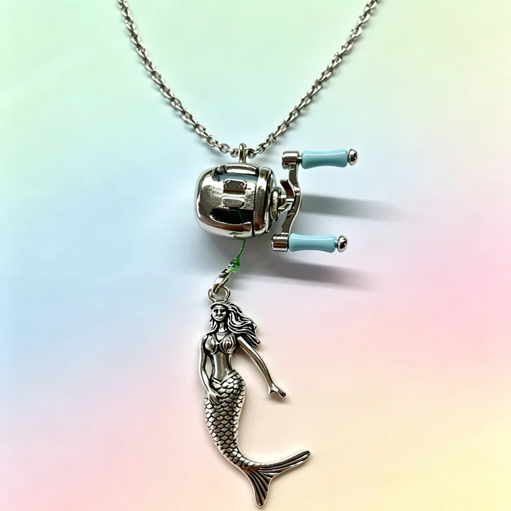 New Mini Mermaid Fishing Reel Pendant Necklace Ring Set for Men, Hip Hop Unique Design Fishing Jewelry Valentine's Day Gift