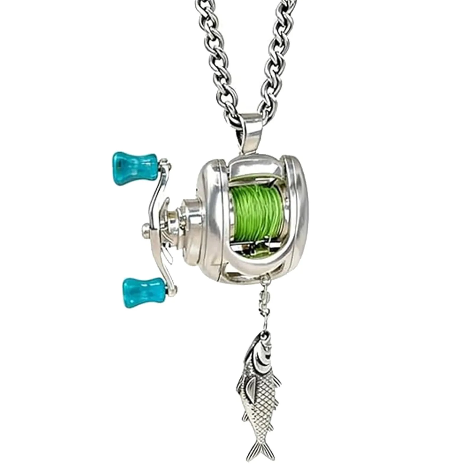 New Mini Mermaid Fishing Reel Pendant Necklace Ring Set for Men, Hip Hop Unique Design Fishing Jewelry Valentine's Day Gift