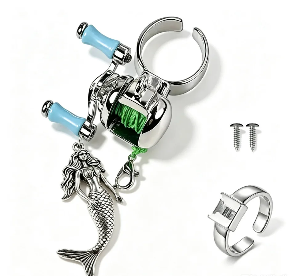 New Mini Mermaid Fishing Reel Pendant Necklace Ring Set for Men, Hip Hop Unique Design Fishing Jewelry Valentine's Day Gift
