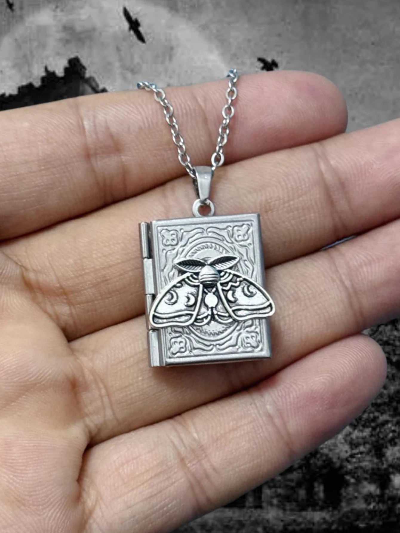 Gothic Book Animal Necklace, Photo Box Charm, Fire Dragon Moth Snake Rose Bat Sun Necklace, Vintage Jewelry Gifts For Her/Him