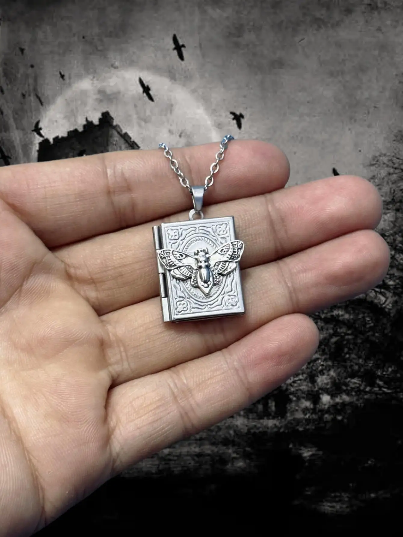 Gothic Book Animal Necklace, Photo Box Charm, Fire Dragon Moth Snake Rose Bat Sun Necklace, Vintage Jewelry Gifts For Her/Him