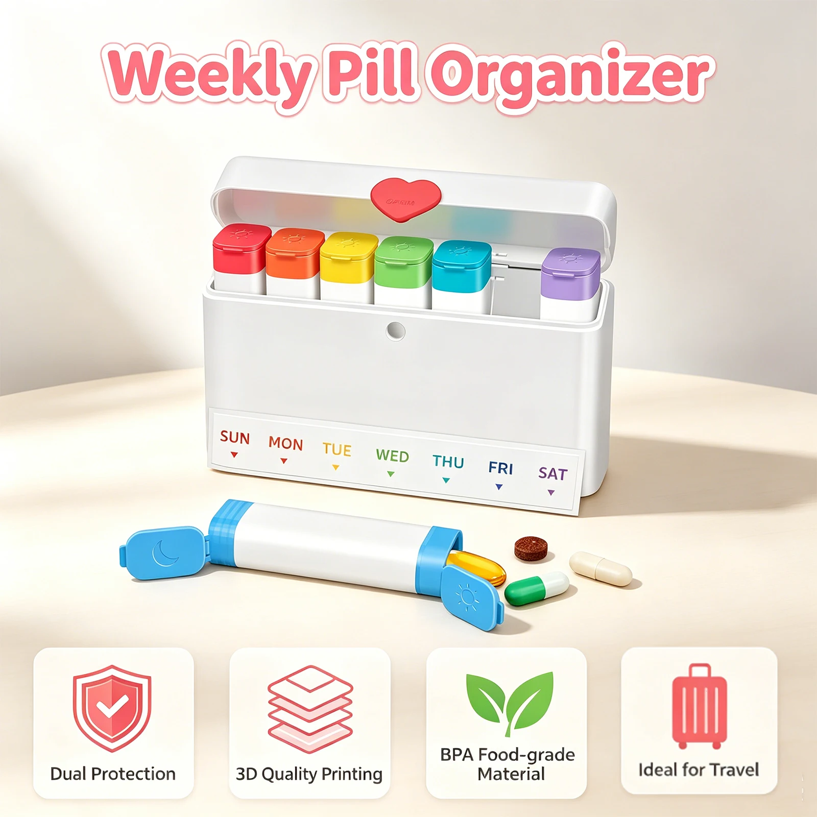 Portable Weekly Pill Case 7 Days x 2 Times Daily Pill Organizer BPA Free Stylish New Pill Box Medicine Vitamin Holder Container