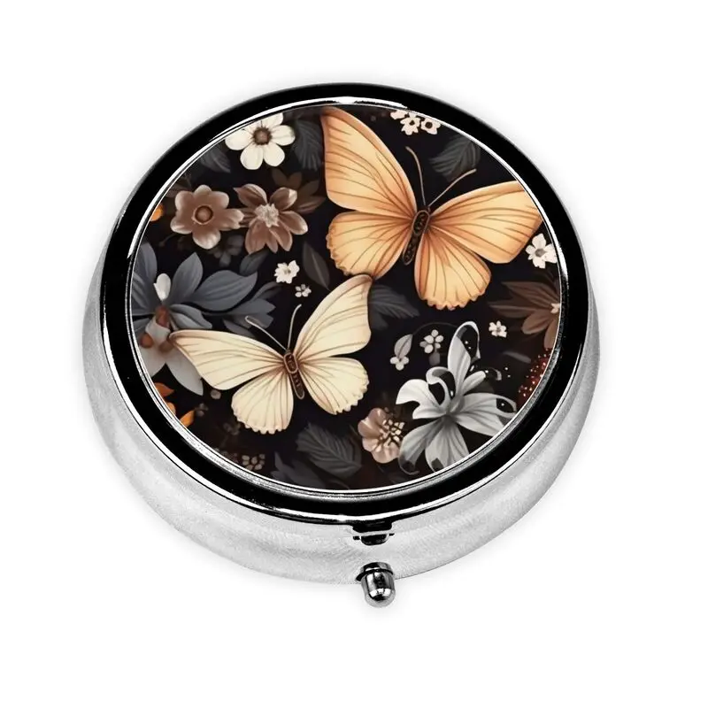 Vintage butterfly flower pill box cell portable pill box pocket or purse decorated with metal medicine vitamin travel unique