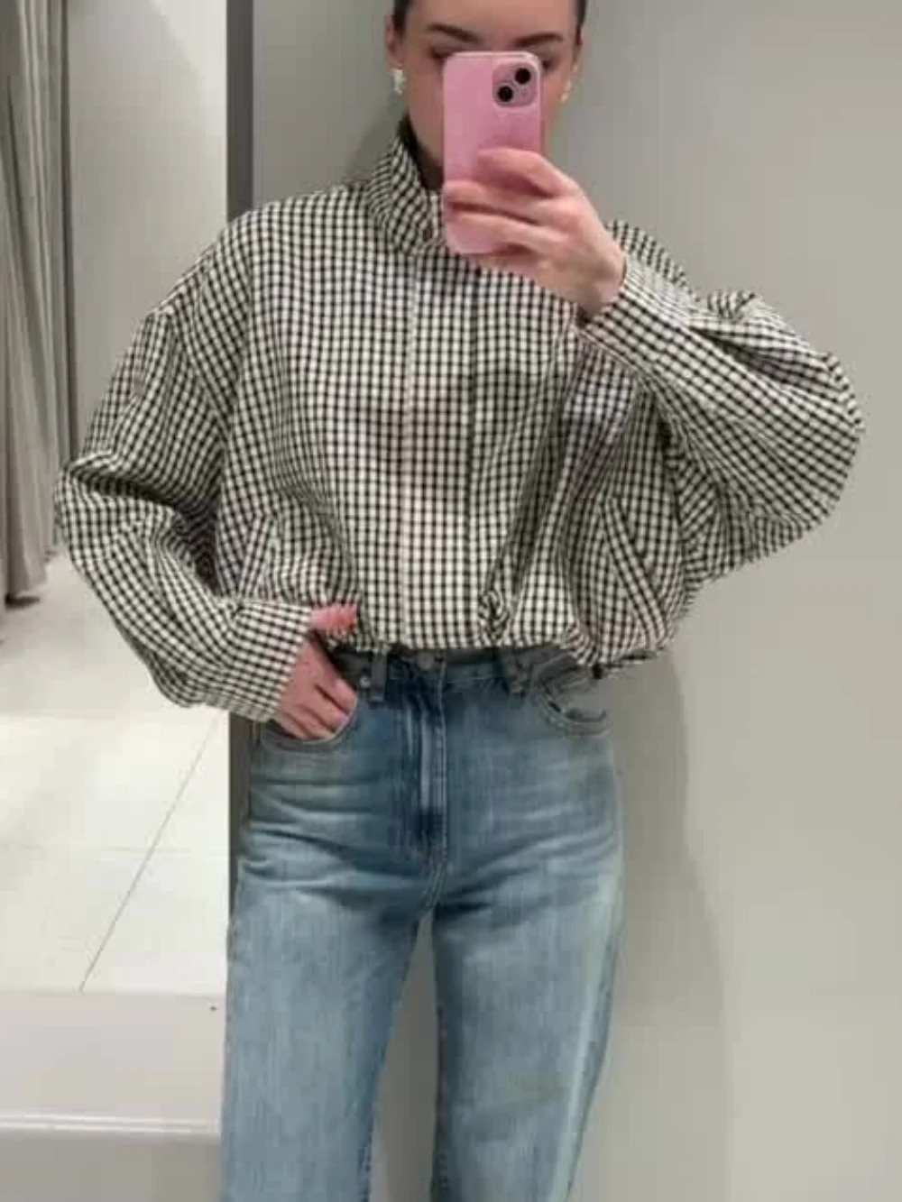 Streetwear Plaid Varsity Jacket Women Chic High Neck Long Sleeve Open Front Coat Harajuku Loose Casual Cardigan Tops Blouse